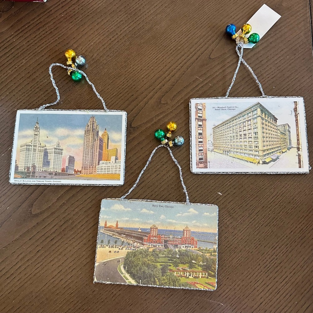Vintage Chicago Postcard Ornaments Set 3 Marshall Fields Navy Pier Wrigley Tower